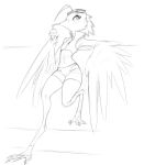  3_fingers 3_toes anthro avian barefoot bird bird_feet claws clothed clothing digitigrade drinking eyelashes eyewear feathers feet female fingers freckles glasses lyra_(w4g4) monochrome potoo simple_background sketch solo spread_toes talons toes w4g4 white_background 