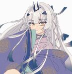  1girl bangs breasts brown_eyes choker fairy_knight_lancelot_(fate) fate/grand_order fate_(series) forked_eyebrows japanese_clothes kimono long_hair long_sleeves looking_at_viewer nm222 purple_kimono sash sidelocks small_breasts smile solo white_hair wide_sleeves 