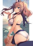  1girl alternate_costume ass back beach bikini blue_eyes blurry blurry_background border bracelet breasts brown_hair cowboy_shot hair_between_eyes hair_ornament heart highres jewelry kantai_collection kasumi_(skchkko) large_breasts looking_at_viewer looking_to_the_side ocean official_alternate_costume outdoors ponytail saratoga_(kancolle) side_ponytail sitting smile smokestack solo sun sunset swimsuit water white_bikini white_border 