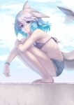  1girl armpits bangs bare_arms bare_shoulders bikini bikini_top_only blowhole blue_eyes blue_hair cetacean_tail common_bottlenose_dolphin_(kemono_friends) day dolphin_girl dorsal_fin fins flat_chest from_side full_body grey_hair hair_between_eyes head_fins highres kemono_friends kosai_takayuki leaning_forward light_smile long_hair looking_at_viewer multicolored_hair outdoors outstretched_arm sandals short_shorts shorts solo squatting swimsuit tail tail_fin toes 