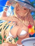  1girl arm_up bare_arms bare_shoulders bikini bird blonde_hair blue_sky blush breasts chick cleavage cloud cloudy_sky covered_nipples criss-cross_halter dark-skinned_female dark_elf dark_skin elf glass grin halterneck hand_on_headwear hat highres hololive large_breasts long_hair looking_at_viewer navel nidaime_(doronbo) one_eye_closed parted_lips pointy_ears red_eyes shiranui_flare sitting sky smile solo stomach sun_hat sunlight swimsuit tropical_drink virtual_youtuber white_bikini wrist_cuffs 