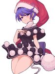 1girl :3 absurdres bangs black_dress closed_mouth doremy_sweet dress hat highres looking_at_viewer mugi_(mugimugi_9kv) nightcap pom_pom_(clothes) purple_eyes purple_hair red_headwear short_hair simple_background smile solo touhou turtleneck two-tone_dress white_background white_dress 