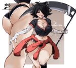  1girl ass black_hair black_horns black_shirt black_shorts black_socks borrowed_character breasts brown_background commission hair_over_one_eye highres holding holding_weapon horns large_breasts leg_up navel original outside_border rakeemspoon red_eyes scythe sharp_teeth shirt short_hair short_shorts shorts signature socks stitched_neck stitches stitching symbol-only_commentary tank_top teeth thick_thighs thighs tongue tongue_out twitter_username weapon 