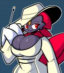  alcina_dimitrescu anthro big_breasts breasts capcom cigarette cigarette_holder claws cleavage clothed clothing cosplay dress ekkokenight feathers female forehead_gem grey_body hi_res huge_breasts nintendo pok&eacute;mon pok&eacute;mon_(species) red_eyes resident_evil smile solo sun_hat video_games weavile 