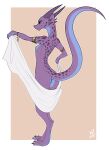  2020 anthro black_sclera blue_eyes bracelet breasts butt female full-length_portrait hi_res horn jewelry kobold looking_at_viewer looking_back looking_back_at_viewer nude portrait pupils purple_body purple_scales rear_view scales scalie side_boob slit_pupils smile solo standing towel w4g4 