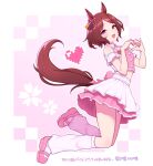 1girl animal_ears bare_shoulders brown_hair brown_tail cherry_blossom_print clothing_cutout crop_top ear_ornament floral_print full_body heart heart_hands highres horse_ears horse_girl horse_tail layered_skirt looking_at_viewer meni_shuki_rush-sshu! midriff nosir_onadat open_mouth pink_eyes pink_shirt pink_shoes pink_skirt pinky_out sakura_laurel_(umamusume) shirt shoes short_hair shoulder_cutout skirt smile socks solo tail thighs umamusume white_socks 