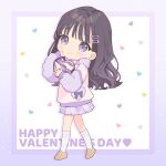  1girl bangs black_hair blush_stickers chibi chocolate food fur_collar fur_sleeves hair_ornament hairclip hand_on_own_face happy_valentine heart heart-shaped_pupils highres holding holding_chocolate holding_food hood hoodie loafers long_hair looking_at_viewer mameyanagi original plaid plaid_skirt pleated_skirt purple_eyes shoes skirt smile socks solo symbol-shaped_pupils valentine walking 