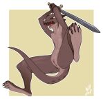  2020 action_pose angry anthro anus attack brown_body brown_scales casual_nudity female flat_chested genitals holding_object holding_sword holding_weapon jumping kobold low-angle_view melee_weapon nude pose pussy red_eyes scales scalie solo suspended_in_midair sword w4g4 weapon 