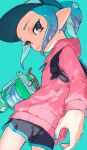 1girl aqua_background aqua_nails baseball_cap black_shorts blue_trim brown_eyes closed_mouth commentary_request dolphin_shorts hat highres holding holding_weapon ink_tank_(splatoon) jacket l-3_nozzlenose_(splatoon) long_hair nail_polish octoling octoling_girl octoling_player_character pink_jacket pointy_ears ponytail shafu shorts simple_background solo splatoon_(series) splatoon_3 tentacle_hair weapon 