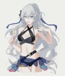  1girl alcohol bare_shoulders bikini black_bikini black_nails blue_sarong breasts bronya_zaychik bronya_zaychik_(silverwing:_n-ex) bronya_zaychik_(summer_2022) champagne champagne_flute cup drinking_glass grey_eyes grey_hair highres holding holding_cup honkai_(series) honkai_impact_3rd large_breasts long_hair momo364909 navel official_alternate_costume parent.10000096 sarong solo stomach swimsuit very_long_hair 