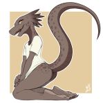  2020 amber_eyes anthro bottomless bottomless_anthro bottomless_female brown_body brown_scales butt clothed clothing female full-length_portrait kneeling kobold portrait scales scalie shirt solo t-shirt topwear w4g4 white_clothing white_shirt white_topwear 