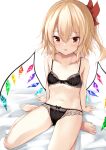  1girl barefoot bed_sheet black_bra black_panties blonde_hair bow bra breasts collarbone crystal flandre_scarlet hair_between_eyes highres kashiwagi_yamine looking_at_viewer navel no_hat no_headwear one_side_up panties red_eyes sitting small_breasts solo touhou underwear wings 