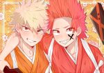  2boys arm_around_shoulder bakugou_katsuki blonde_hair boku_no_hero_academia border dated facial_mark grin hagoita hane11254 highres japanese_clothes kirishima_eijirou looking_at_viewer male_focus multiple_boys paddle red_eyes sharp_teeth smile spiked_hair teeth upper_body white_border 