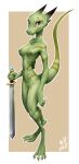  2020 anthro breasts casual_nudity female full-length_portrait green_body green_nipples green_scales hi_res holding_object holding_sword holding_weapon kobold looking_at_viewer melee_weapon nipples non-mammal_breasts non-mammal_nipples nude portrait pupils red_eyes scales scalie slit_pupils solo sword w4g4 weapon 