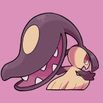  bear_ringer commentary_request extra_mouth full_body looking_back mawile open_mouth outstretched_arms pink_background pokemon pokemon_(creature) red_eyes simple_background solo 