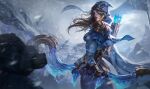  1girl armor ashe_(league_of_legends) blizzard blonde_hair blue_eyes bow_(weapon) breasts c_home cape chinese_commentary cowboy_shot flag forehead fur_trim gem gloves highres holding holding_bow_(weapon) holding_weapon hood hood_up league_of_legends long_hair nostrils official_art outdoors quiver realistic red_lips shoulder_armor sideboob solo sparkle weapon wild_rift wing_bow 