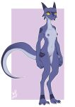  2020 anthro breasts female genitals grimra_(positronwolf) hi_res kobold looking_at_viewer nipples non-mammal_breasts non-mammal_nipples nude pupils purple_body purple_scales pussy scales scalie slit_pupils solo standing w4g4 yellow_eyes 