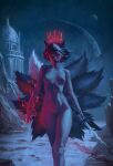  1girl absurdres animal_ears artist_name black_hair blue_background breasts building closed_mouth collarbone colored_skin commentary commission completely_nude cowboy_shot crown energy english_commentary enzo_fernandez female_pubic_hair floating_crown fox_ears fox_girl glowing glowing_eyes grey_skin highres holding holding_sword holding_weapon kitsune looking_at_viewer multiple_tails night nipples nude original outdoors pubic_hair red_crown red_eyes short_hair signature small_breasts solo stomach straight-on sword tail weapon 