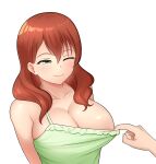  1girl ;) absurdres areola_slip assisted_exposure bangs bare_shoulders breasts camisole camisole_pull emma_verde&#039;s_mother freckles green_camisole green_eyes hair_between_eyes hair_over_shoulder highres large_breasts long_hair love_live! love_live!_nijigasaki_high_school_idol_club mature_female one_eye_closed red_hair skindentation smile solo_focus upper_body yisusjpl 