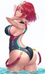  1girl absurdres arms_up ass back bangs bare_shoulders black_swimsuit blush breasts highleg highleg_swimsuit highres large_breasts leotard looking_at_viewer looking_back nemunemu_semi one-piece_swimsuit open_mouth partially_submerged pyra_(pro_swimmer)_(xenoblade) pyra_(xenoblade) red_eyes red_hair red_swimsuit short_hair solo swept_bangs swimsuit thighs tiara two-tone_swimsuit wading water wet xenoblade_chronicles_(series) xenoblade_chronicles_2 