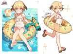  2girls absurdres aged_down ball beachball blonde_hair blush_stickers border breasts chibi ebora fate/grand_order fate_(series) gareth_(fate) green_eyes hair_flaps highres innertube looking_at_viewer melusine_(fate) multiple_girls multiple_views outdoors short_hair small_breasts swim_ring swimsuit white_background white_border 