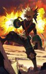  1boy angry bakugou_katsuki belt black_footwear black_gloves blonde_hair boku_no_hero_academia boots clenched_hand clenched_teeth costume explosion explosive eye_mask ghdwid gloves green_belt grenade highres looking_at_viewer male_focus multicolored_clothes multicolored_gloves open_hand open_mouth outdoors red_eyes red_gloves red_sky rubble sand sky solo spiked_hair stepping teeth two-tone_gloves 