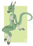  2020 anthro bottomless bottomless_anthro bottomless_female chest_wraps claws clothed clothing female flat_chested foot_wraps full-length_portrait green_body green_scales hand_wraps hi_res kobold looking_at_viewer portrait red_eyes scales scalie sitting solo w4g4 wraps 