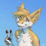  1:1 2022 anthro black_pawpads blonde_hair cheek_tuft chest_tuft claws dated facial_tuft female finger_claws gesture glistening glistening_eyes hair hi_res inner_ear_fluff looking_at_viewer lostgoose pawpads signature smile solo tan_eyes tuft v_sign white_claws yellow_ears yellow_inner_ear_fluff 