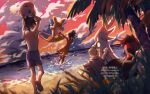  3boys absurdres ahoge alolan_raichu arms_up barefoot blonde_hair blurry cloud commentary_request elio_(pokemon) gladion_(pokemon) hau_(pokemon) highres holding holding_pokemon incineroar jigglypuff male_focus male_swimwear mugiccha2 multiple_boys outdoors palm_tree pokemon pokemon_(creature) pokemon_(game) pokemon_sm sand shore short_hair silvally sitting sky standing toes topless_male tree twilight twitter_username water watermark 