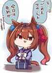  1girl :3 animal_ears bag bangs bow bowtie brown_hair chibi commentary daiwa_scarlet_(umamusume) empty_eyes false_smile hair_between_eyes hair_intakes highres horse_ears horse_girl horse_tail long_hair long_sleeves pleated_skirt purple_sailor_collar purple_shirt purple_skirt red_eyes sailor_collar sailor_shirt school_bag school_uniform shirt skirt solo soramuko tail tiara tracen_school_uniform translated twintails umamusume very_long_hair white_bow white_bowtie winter_uniform 