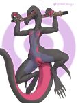  2022 anthro arms_tied blush bodily_fluids bound dark_body eyelashes female genitals hi_res nintendo nude pok&eacute;mon pok&eacute;mon_(species) purple_sclera pussy reptile salazzle scalie signature simple_background solo spreading steam sweat video_games w4g4 