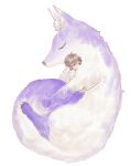  1boy animal_ear_fluff animal_hug animalization bangs brown_hair closed_eyes collared_shirt covered_mouth eiden_(nu_carnival) fox from_side highres hug kuya_(nu_carnival) male_focus nu_carnival purple_theme sad_adrian shirt short_hair simple_background sleeping white_background white_shirt 