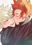  2boys absurdres bakugou_katsuki black_jacket blonde_hair blush boku_no_hero_academia closed_eyes coat green_coat hane11254 highres hug jacket kirishima_eijirou kiss kissing_cheek male_focus multiple_boys one_eye_closed red_eyes red_hair smile spiked_hair yaoi 