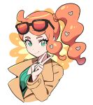  1girl brown_coat closed_mouth coat dede_(qwea_00000) eyelashes eyewear_on_head green_eyes green_nails green_shirt hair_ornament hand_up heart heart_hair_ornament long_hair looking_at_viewer nail_polish orange_hair pokemon pokemon_(game) pokemon_swsh ribbed_shirt shirt side_ponytail smile solo sonia_(pokemon) strap sunglasses symbol-only_commentary upper_body v 