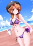  1girl ball bangs bare_arms bare_shoulders beach bikini black_headwear blue_sky blush breasts brown_eyes brown_hair cleavage cloud collarbone commission cowboy_shot cup day fedora g_(genesis1556) groin hat highres holding holding_cup long_hair looking_at_viewer medium_breasts navel no_eyewear ocean outdoors pixiv_request plaid plaid_bikini purple_bikini sky solo standing stomach swimsuit thighs touhou usami_sumireko water 