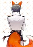  1boy animal_ears back_bow black_bow bow coat commentary cowboy_shot dotted_line english_commentary facing_away fox_boy fox_ears fox_tail from_behind grey_hair hands_up heart highres kemonomimi_mode long_sleeves male_focus mgph mysta_rias nijisanji nijisanji_en short_hair sidelocks solo tail tail_through_clothes twitter_username virtual_youtuber white_background white_coat 