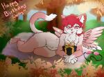anthro artibeanie bedding black_nose blanket content eyewear felid feline fluffy forest fur gift goggles hair happy heart_pupils hi_res hug hugging_object leaf leaves_on_ground lying lying_on_ground male mammal markings on_ground on_side pink_body pink_eyewear pink_fur pink_goggles pink_tongue pink_wings plant present_box red_eyes red_hair skye_(sherb_art) solo spread_wings striped_body striped_markings striped_tail stripes tail tail_markings text tongue tree white_body white_fur wings