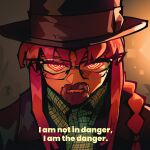  1girl absurdres alpharecdyt black_hat braid breaking_bad chainsaw_man cosplay facial_hair fedora glasses goatee hat highres makima_(chainsaw_man) red_hair ringed_eyes sidelocks solo walter_white walter_white_(cosplay) yellow_eyes 