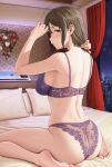  1girl absurdres ahoge arm_behind_head arm_up armpit_crease ass back bare_arms bare_legs bare_shoulders barefoot blush bra breasts brown_hair chagama_teishoku commentary_request curtains from_behind highres holding holding_hair idolmaster idolmaster_shiny_colors indoors kuwayama_chiyuki lace lace_bra lace_panties large_breasts long_hair looking_at_viewer looking_back on_bed on_pillow panties parted_lips pillow see-through_panties sidelocks sitting skindentation solo sweat underwear underwear_only wariza wet 
