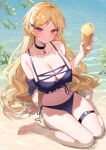  1girl absurdres arm_support bangs bare_legs bare_shoulders barefoot beach bikini black_choker blonde_hair blush breasts character_request check_character choker cleavage curly_hair day frilled_bikini frills gem glint grin hair_ornament hairclip hand_up highres holding_ice_cream ice_cream_cone indie_virtual_youtuber kongo_rei large_breasts lightning_bolt_hair_ornament lightning_bolt_symbol long_hair looking_at_viewer outdoors parted_bangs parted_lips purple_bikini purple_gemstone red_eyes rei_(rei_9146) side-tie_bikini sitting sitting_on_water skindentation smile solo sparkle strap_gap swimsuit thigh_strap wariza water 