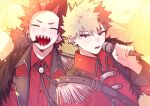  2boys :d ^_^ bakugou_katsuki blonde_hair boku_no_hero_academia bolo_tie closed_eyes collared_shirt earrings hair_ornament hairpin hane11254 headset highres holding holding_microphone jewelry kirishima_eijirou male_focus microphone multiple_boys red_eyes red_hair red_shirt shirt smile spiked_hair stud_earrings 