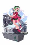 1girl backwards_hat black_hat black_shorts commentary_request dolphin_shorts full_body green_hair green_trim hat highres holding holding_weapon in-universe_location ink_tank_(splatoon) inkling inkling_girl inkling_player_character long_hair nautilus_(splatoon) outdoors pink_eyes pink_shirt pink_shoes pointy_ears print_shirt shafu shirt shoes shorts solo splatoon_(series) splatoon_3 tentacle_hair visor_cap weapon 