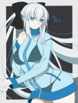  1girl absurdres bikini bikini_under_clothes black_bikini black_bow blue_eyes bow braid breasts fate/grand_order fate_(series) grey_hair hair_bow highres jacket koma315ht large_breasts long_hair long_sleeves looking_at_viewer morgan_le_fay_(fate) ponytail see-through_clothes see-through_jacket sidelocks smile solo swimsuit thighs very_long_hair zipper 