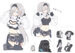  1girl 1other ? ambiguous_gender animal_ears arknights aurora_(arknights) bear_ears bear_girl black_bra black_hairband black_pants blue_eyes bra breasts cleavage cleavage_cutout clothing_cutout cropped_jacket cropped_legs doctor_(arknights) extra_ears eyes_visible_through_hair grey_hair hair_over_one_eye hairband hands_up jacket long_hair looking_at_viewer medium_breasts midriff multiple_views pants satou_kibi simple_background smile split_mouth thigh_cutout underwear very_long_hair white_background white_jacket 