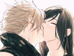  1boy 1girl bangs black_hair blonde_hair blush close-up closed_eyes cloud_strife couple earrings final_fantasy final_fantasy_vii final_fantasy_vii_advent_children hetero high_collar highres jewelry kiss long_hair maiii_(smaii_i) simple_background sleeveless spiked_hair tifa_lockhart twitter_username upper_body 