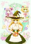  3girls alice_margatroid apron aqua_dress aqua_eyes black_corset black_hat black_skirt blonde_hair blue_bow blush bouquet bow bowtie braid capelet collar commentary_request corset cover cover_page crescent crescent_hat_ornament daisy_(flower) doujin_cover dress flower flower_request frilled_apron frilled_collar frilled_ribbon frills green_background hair_bow hat hat_bow hat_flower hat_ornament head_wreath holding holding_bouquet kirisame_marisa long_hair long_sleeves medium_hair mob_cap multiple_girls neckerchief patchouli_knowledge peony_(flower) pink_flower pink_hat pink_rose puffy_short_sleeves puffy_sleeves purple_dress purple_flower purple_hair red_bow red_bowtie red_neckerchief ribbon rose shirt short_sleeves show_giku single_braid six_pointed_star skirt star_(symbol) touhou white_apron white_bow white_capelet white_flower white_shirt witch_hat yellow_eyes yellow_flower 