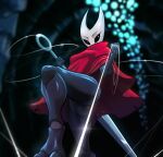 2025 anthro arthropod black_body black_eyes breasts butt butt_from_the_front cloak clothing eyebrows eyelashes feet female glistening glistening_body hi_res hollow_knight_(franchise) hornet_(hollow_knight) insect melee_weapon red_cloak red_clothing solo spacemaxmarine team_cherry weapon