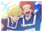  2boys :d ^_^ arm_around_shoulder bakugou_katsuki blonde_hair boku_no_hero_academia border closed_eyes cloud fisheye hand_on_another&#039;s_shoulder hane11254 kirishima_eijirou looking_at_viewer male_focus multiple_boys open_mouth red_eyes red_hair sharp_teeth sky smile spiked_hair teeth torn_clothes track_suit u.a._gym_uniform viewfinder white_border 