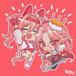  1boy 1girl :d ^_^ absurdres animal_ears artist_name ascot black_gloves bloomers blush_stickers boots bow braid braided_ponytail brown_boots brown_pants cape chibi closed_eyes closed_mouth commentary crossover crown dotted_background ear_bow ear_piercing exocorpse eye_of_ender eyelashes facing_viewer fang fingerless_gloves forehead fur-trimmed_cape fur-trimmed_crown fur_trim gloves grin hair_between_eyes hair_intakes half_up_braid haru_urara_(bestest_prize)_(umamusume) haru_urara_(umamusume) headband highres holding holding_sword holding_weapon horse_ears horse_girl horse_tail jacket knee_boots kneehighs long_hair looking_at_viewer minecraft_sword minecraft_youtube open_clothes open_jacket open_mouth outline pants parted_bangs piercing pink_background pink_bloomers pink_gloves pink_hair pink_headband pink_socks pink_trim pointy_ears red_cape red_eyes shirt sidelocks signature smile socks striped_clothes striped_socks sword symbol-only_commentary tail technoblade two-tone_socks umamusume v-shaped_eyebrows very_long_hair weapon white_ascot white_bow white_jacket white_outline white_shirt white_socks 