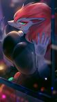  9:16 against_surface anthro big_breasts black_body blue_eyes breasts breasts_on_glass female hair hi_res looking_at_viewer momikacha nintendo on_glass pok&eacute;mon pok&eacute;mon_(species) pok&eacute;morph red_hair solo video_games zoroark 